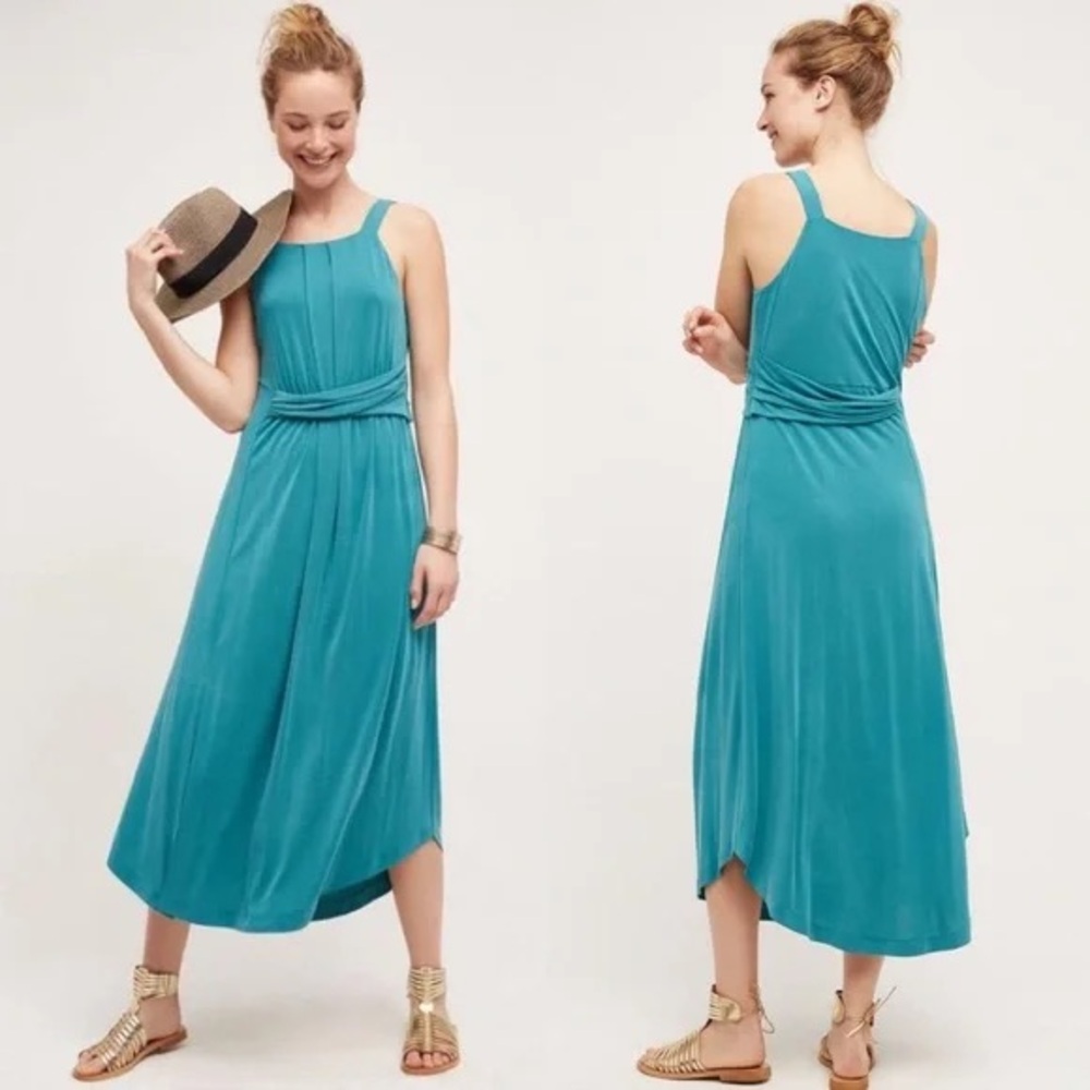 Maeve Anthropologie Azores Asymmetrical Draped Waist Sleeveless Teal MidiDress S